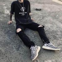 ราคา Mens Casual Skinny กางเกงยีนส์กางเกงผู้ชายกางเกงยีนส์ ripped Black Street Hip Hop ในเข่า DENIM กางเกง (16878918969)