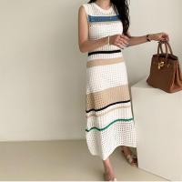 ราคา New Summer Fashion Hollow Out Knitted Dresses Women Sleeveless Striped Patchwork Sweater Mermaid Dress Vintage (11719007929)