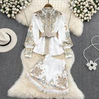 ราคา ชุดสูทสีชมพูคอตั้งพิมพ์ลายวินเทจสำหรับผู้หญิงใหม่แขนยาวฤดูใบไม้ผลิฤดูร้อนเสื้อสตรีแต่งลูกไม้สองชิ้นเสื้อท่อนบนและกางเกงขาสั้นเอวสูง (20688190188)