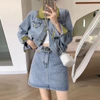 ราคา ชุดเสื้อผ้า2ชิ้นเสื้อยีนส์มีปกแขนยาวสำหรับผู้หญิงชุดเอี๊ยมกระโปรงยีนส์เดนิมแฟชั่นสไตล์เกาหลีกระโปรงสั้นยีนส์กระดุมแถวเดียว (20385476229)