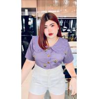 ราคา 541 R เสื้อปกบัวสาวอวบ เสื้อแฟชั่นสาวอวบ ผ้าคอตตอนปักลายทานตะวัน อก 38 46 (19301584675)