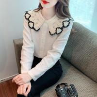 ราคา REHIN เสื้อผู้หญิงคอวี2024ฤดูใบไม้ผลิลูกไม้สีขาวคอตุ๊กตาเสื้อหวานแขนยาว (21210524369)