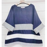 ราคา เสื้อลินินคอปาดลวดลายสลับสีหน้าหลังโอเวอร์ไซด์ (20477118173)
