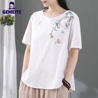 ราคา GEMEITE Fast Delivery Women Short Sleeves Blouse Casual Round Neck Pullover Tops Retro Embroidered Loose Shirt (20914304677)