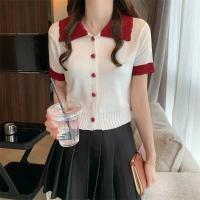 ราคา FF shop เสื้อครอปแขนสั้น คอปก ครอปไหมพรม แต่งกระดุมหัวใจ สไตล์เกาหลี สดใส น่ารัก A15 (19797461432)