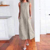 ราคา Summer Dress Women O Neck Sleeveless Pocket Loose Maxi Dresses Vintage Striped Cotton Linen Long Dress 2023 A Line Beach Dress (19674421466)