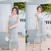 ราคา TW13434 แม็กซี่เดรส ชายระบาย ผูกโบว์เอว ยางรัดผม ลายดอก (3982210149)