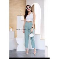 ราคา กางเกงเอวสูงขายาวทรงเบสิคจีบหน้าแต่งกระดุมเอวสูงมีกระเป๋าS XL (19467630760)