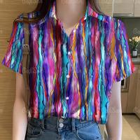 ราคา เสื้อผ้าลำลอง Kemeja Lengan Pendek มีปกขนาดใหญ่พิเศษลายทางชายหาดเสื้อผู้หญิงสไตล์ฮาวายสำหรับเสื้อลำลองผู้ชายแขนยาวแฟชั่น2567 (21137094796)