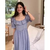 ราคา Korean Dress เดรสกระโปรงยาว ชุดเดรสแขนพองลูกไม้ลายสก๊อตเดรสสีฟ้าเดรสสาวอวบ (21134298693)