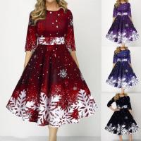 ราคา Ready O Neck 3 4 Sleeves Waist Tight High Waist Christmas Dress Xmas Snowflake Print Large Hem A Line Midi Dress (16913920014)