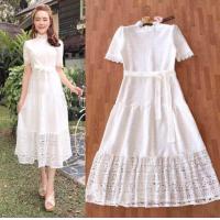 ราคา เดรสลูกไม้ขาวชุดไปวัด S 4XL Dress เดรสสีขาวผ้าลูกไม้ฉลุลายมีสายผูกเอว งานป้าย Love Love (17968830358)