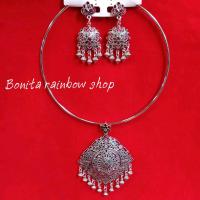 ราคา สร้อยคอเงินรมดำโชคเกอร์ สร้อยคอลายไทยลงยา สร้อยคอผู้หญิงพร้อมต่างหู ต่างหูแบบหนีบ แบบเจาะ (14676899761)