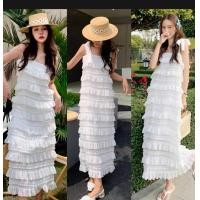 ราคา แม็กซี่สายเดี่ยว ผูกไหล่ระบายชั้นๆขนนุ่ม มีซับ (19305818284)