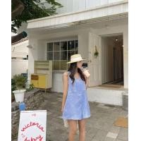 ราคา J007 พร้อมส่ง จั๊มสูทขาสั้นแขนกุด ผ้าทอสีฟ้าคราม (20360402130)