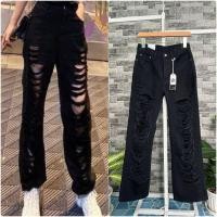 ราคา paipai shop กางเกงยีนส์ขายาว สีดำ ผ้าไม่ยืด แต่งขาดตามรูปปลายเย็บ ไซส์ S M L XL มีเก็บปลายทางจ้า (12608135950)