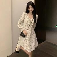 ราคา ชุดเดรสลายดอกเล็ก ชุดเดรสสั้นสวยๆราคาถูก เดรสผู้หญิงแฟชั่น ลายลูกไม้สีขาวและสีดำ เดรสผูกอกแขนยาว (17087180133)