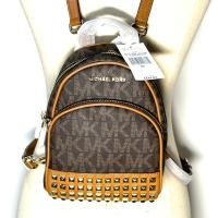 ราคา เป้ Michael Kors แท้ Coated canvas ลาย MK สายหนัง มีตำหนิที่หนังกุ๊นขอบและสายแตกลอกหลุดร่วง ลดราคาขาดทุน Clearance Michael Kors ABBEY XS EXTRA SMALL STUDDED BACKPACK 35T7GAYB0B Brown Clearance (212767