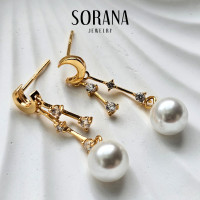 ราคา ส่งฟรี Sorana ต่างหูเงินแท้ S925 ชุบ 18K ทองคำขาวแท้ รูปพระจันทร์และดาว พร้อมไข่มุกแวววาว Luxury (19972312772)