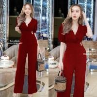 ราคา จั้มสูทขายาวอกจับจีบวีไขว้แขนพองแต่งกระดุมที่เอว (20771875864)