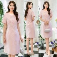 ราคา 2 สี เดรสผ้าไหมสังเคราะห์ปักลูกไม้มุก สวยเรียบหรู สีทอง ชมพูอ่อน M 3XL เดรสออกงาน เดรสไปงาน (17488592880)