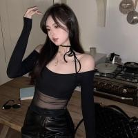 ราคา เสื้อเปิดไหล่สำหรับผู้หญิงสวยงามท่อนแขนยาวคอตาข่ายสีทึบปะต่อเสื้อยืดเสื้อเบลาส์ (20826889686)