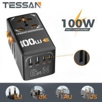 ราคา TESSAN Universal Power Adapter 100W Fast GaN International Travel Adapter 2PD USB C 2QC USB A Travel Plug Adapter US UK EU AU Universal Charger Adapter for Laptops Tablets Phones 1 World (21017647447)
