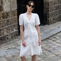 ราคา Tohns Front Bow Tie Lace Dress ชุดเดรสผ้าลูกไม้ผูกคอโบว์ (20665659580)