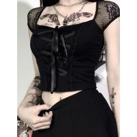 ราคา เสื้อวินเทจแบบกอธิคเสื้อยืดสีดำผ้าลูกไม้รัดรูปสำหรับผู้หญิงเสื้อยืดผ้าตาข่ายลำลอง (21171159963)