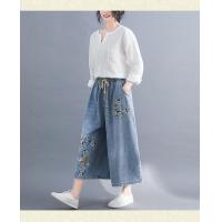 ราคา Plus size Summer 7 Points Length Flower Embroidered Denim Capri Pants Wide Leg Cropped Jeans (11885401616)