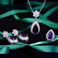 ราคา LUCKY DOLL Italy Retro Water Drop Pear Shaped Purple Diamond Necklace Set Amethyst Colored Treasure Ring Flower Earrings Jewelry Set (15955027206)