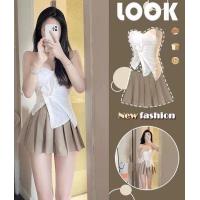 ราคา พร้อมส่ง GR005 เซตเสื้อเกาะอกสีขาว กระโปรงพลีท สไตล์เกาหลี (19728628029)