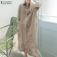 ราคา ZANZEA ชุดเดรสแขนยาวผู้หญิงสไตล์เกาหลีกระดุมลำลองผ้าฝ้ายแท้เสื้อ Midi แบบเรียบ (10017276733)
