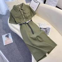 ราคา M 4XL เดรสโปโลผ้าเดนิมเอวสูงแขนสีเขียวทหารสั้นขนาดใหญ่พิเศษ (20396797365)