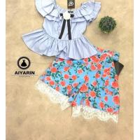 ราคา Aiyarin พร้อมส่ง 3XL ชุดเซท set ขาสั้นลายดอกกุหลาบแต่งชายระบายด้วยลูกไม้สีขาว เสื้อสีฟ้าปาดไหล่ หรือไม่ตามใจ (14073989977)