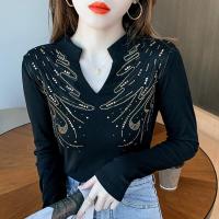 ราคา YIMEI เสื้อยืดผ้าฝ้ายแขนยาวสำหรับผู้หญิงที่มี2023สีดำรองพื้นแบบใหม่สำหรับฤดูใบไม้ร่วงประดับเพชร (20196717097)