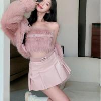 ราคา Faux Leather Pleated Skirt Shorts High Waist Pink Cute Fake Fur Mini Skirts Girls White Elegant y PU Short Skirt Women (14133779913)