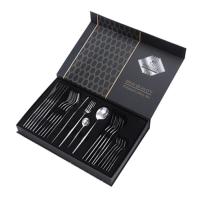 ราคา ชุดช้อนส้อมสีดำทอง24ชิ้นชุด Flatware พร้อมบริการกล่องของขวัญสำหรับ6ท่านชุดเครื่องเงินสแตนเลสคุณภาพสูงชุดช้อนส้อมขัดกระจกดีไซน์หรูหรา (15450211633)