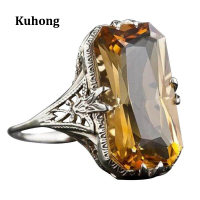 ราคา Kuhong วินเทจ Baguette มรกตตัดมะนาวสีเหลืองซิทรินกลวงแหวนเพชรเครื่องประดับ (692540869)