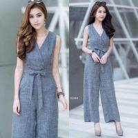 ราคา TW11214 จั้มสูทแขนกุดไขว้หน้า สายผูกเอว (1927304075)