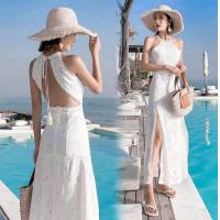 ราคา แม็กซี่เดรสสีขาวลูกไม้เว้าหลังสวยมาก (20758233717)