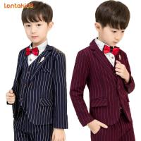 ราคา lontakids ชุดสูททางการสำหรับเด็กผู้ชายชุดเสื้อผ้าสำหรับงานเลี้ยงวันเกิดสูทลายทางสีแดงสีน้ำเงิน แจ็คเก็ต กางเกง เสื้อกั๊ก โบว์เนคไท เข็มกลัด จำนวน5ชิ้น (10357006683)