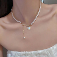 ราคา สร้อยคอเกาหลี สร้อยคอโชคเกอร์จี้หัวใจคริสตัลไข่มุกสไตล์ ACFUNY (20743357233)