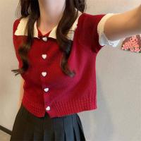 ราคา FF shop เสื้อครอปแขนสั้น คอปก ครอปไหมพรม แต่งกระดุมหัวใจ สไตล์เกาหลี สดใส น่ารัก A15 (19797461433)