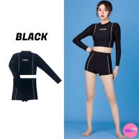 ราคา Sale80 ชุดว่ายน้ำกางเกงขาสั้น เสื้อแขนยาว สีดำแต่งแถบด้ายสีขาว (9846413339)