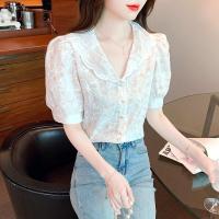 ราคา YIGE เสื้อลูกไม้ถักลายลูกไม้คอวีชีฟองแขนสั้นพองสำหรับฤดูร้อนเสื้อลูกไม้ใหม่เสื้อปักลายดอกไม้สไตล์ฝรั่งเศสสำหรับเสื้อเอวลอยฤดูร้อนเสื้อผู้หญิง (18829110339)