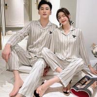 ราคา Couple Pajamas For Lovers Silk Pyjamas Sets Couple stripe Nightwear Men Women Sleepwear Family Pijama Casual Autumn Homewear (16767348278)