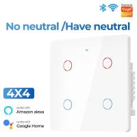ราคา Tuya WiFi Smart Light Switch No Neutral Wire 4x4 6 Gang Touch Wall 110 240V Screen Panel APP Voice Work With Alexa Google Home (19041784744)