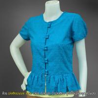 ราคา เสื้อสีฟ้า สีฟ้าเข้มอมเขียว วันแม่ ลูกไม้อย่างดี คอกลม ชายระบาย กระดุมปั้ม แขนสั้น เสื้อแมท (4041168239)