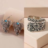 ราคา แหวนต่างหูรูปหยดน้ำปรับได้รูปสัตว์ set perhiasan Batu ธรรมชาติรูปช้าง2ชิ้นเงินโบราณสำหรับผู้หญิงสไตล์วินเทจ (21171013710)